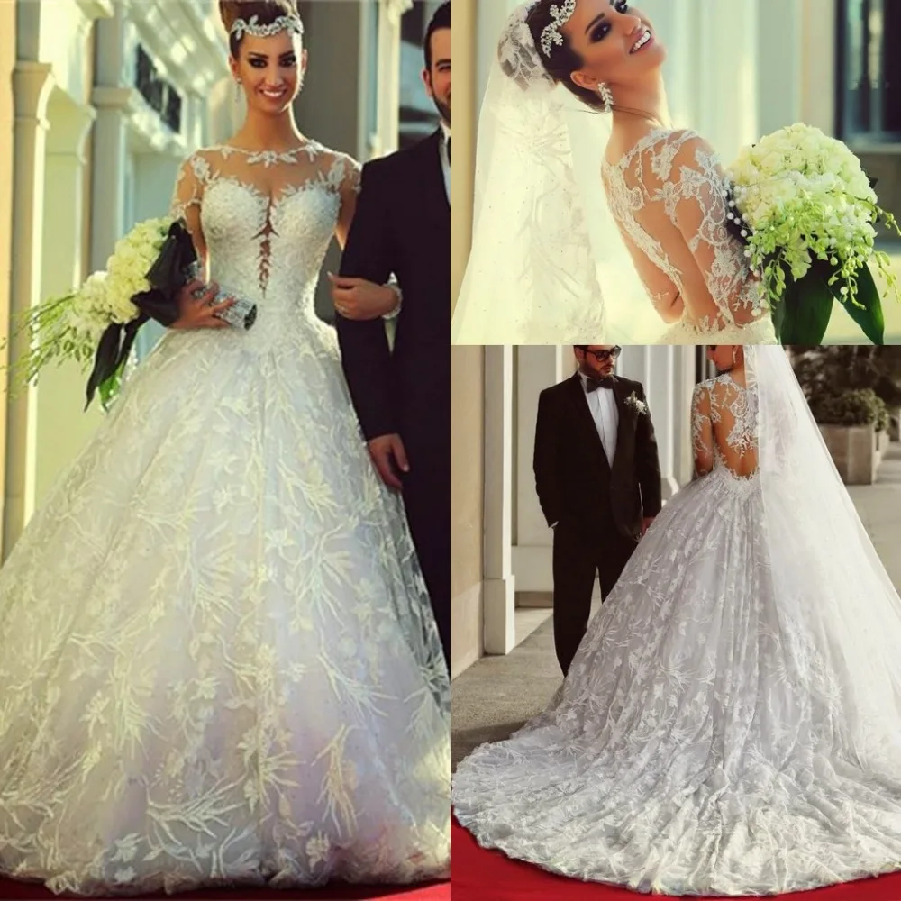 

Vestidos de novia 2015 Long Sleeves gelinlik Lace up Ball gown See Through Wedding Dresses Robe De Marrige bride dresses