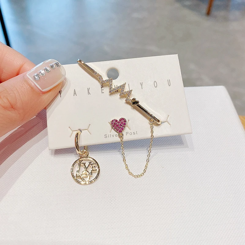 2021 Trendy Round Love Pendant Heart Earrings with Full Ear Cuff Gold Color Plated CZ Zircon Jewelry | Украшения и аксессуары