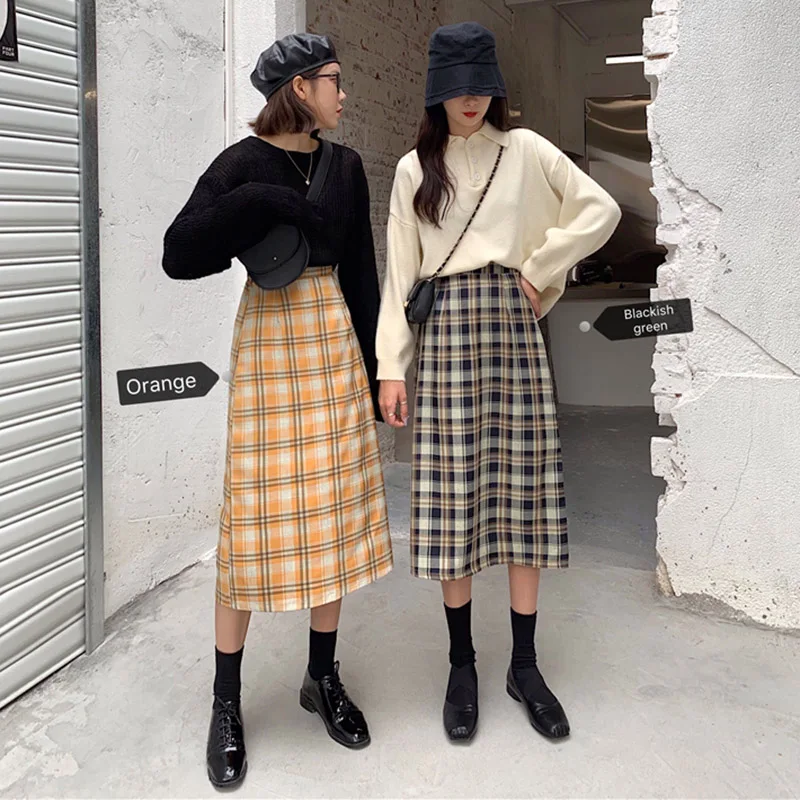 Harajuku длинные юбки женская летняя Осенняя клетчатая юбка с высокой талией Женская Корейская уличная одежда большого размера миди юбка куртка femme