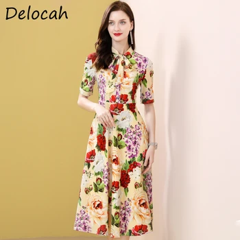 

Delocah Summer Women Fashion Designer Midi Dress Bow Tie Floral Print Vintage Elegant Female Party A-Line Dresses vestidos 2020