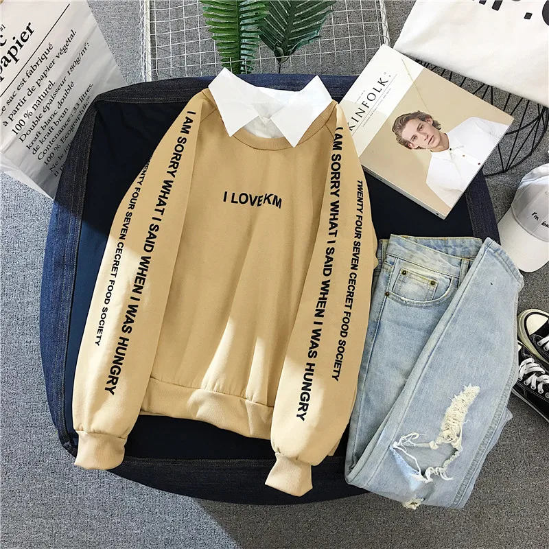 4 размера, M-XXL, тонкий пуловер для женщин, модный, пэчворк, воротник поло, толстовка, Kpop, с буквенным принтом, мода 90 s, топы, осень - Цвет: Khaki