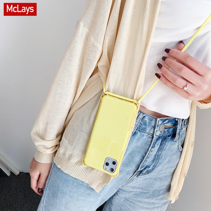 

Simple Candy Color Phone Case For iPhone 11 Pro Max XR XS Max 7 8 Plus Soft Cover Shockproof case With Lanyard Shoulder Strap