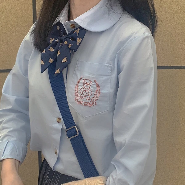 Значок медведь Милая женская блузка рубашка с длинными рукавами воротник Питер Пэн Осень Весна Топы 6 цветов школьная форма для японской средней школы