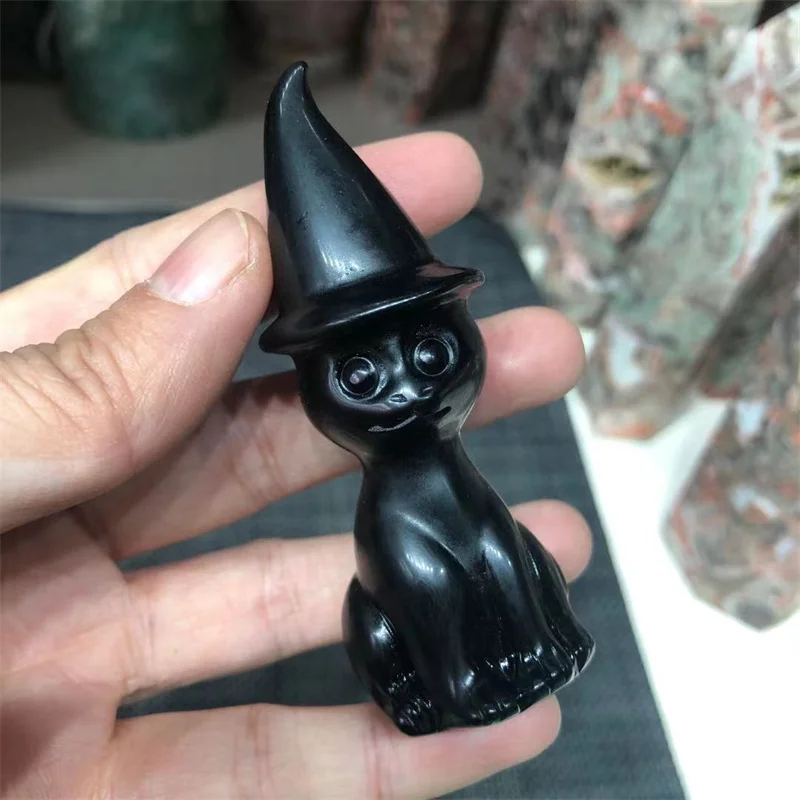 

Obsidian Cat Natural Stones Quartz Crystal Carved Wizard Hat Gemstones Crafts Decoration