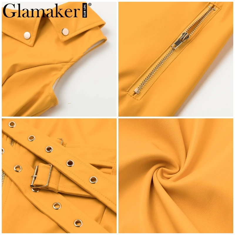 Glamaker, сексуальное платье желтого цвета с асимметричным воротником, женское осеннее облегающее платье с поясом из искусственной кожи, вечерние облегающие короткие Клубные платья на молнии для зимы