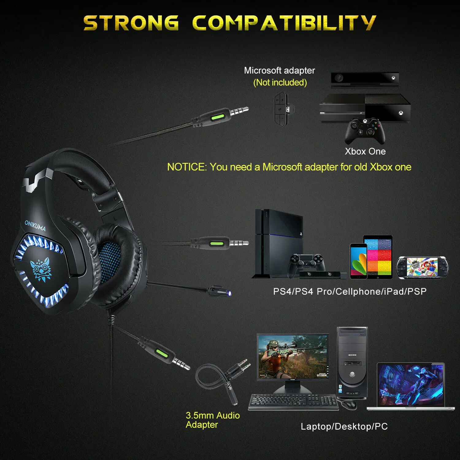 K1-PRO PS4 глубокий Басс Игровые наушники с микрофоном светодиодный свет для ноутбук Xbox компьютерный геймер
