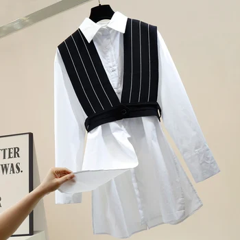 

Mid-Length Irregular Slit Shirt Women's Retro Big V-neck Knit Striped Vest + Long Lapel Blouse Two-Piece Set Ladies Outfit