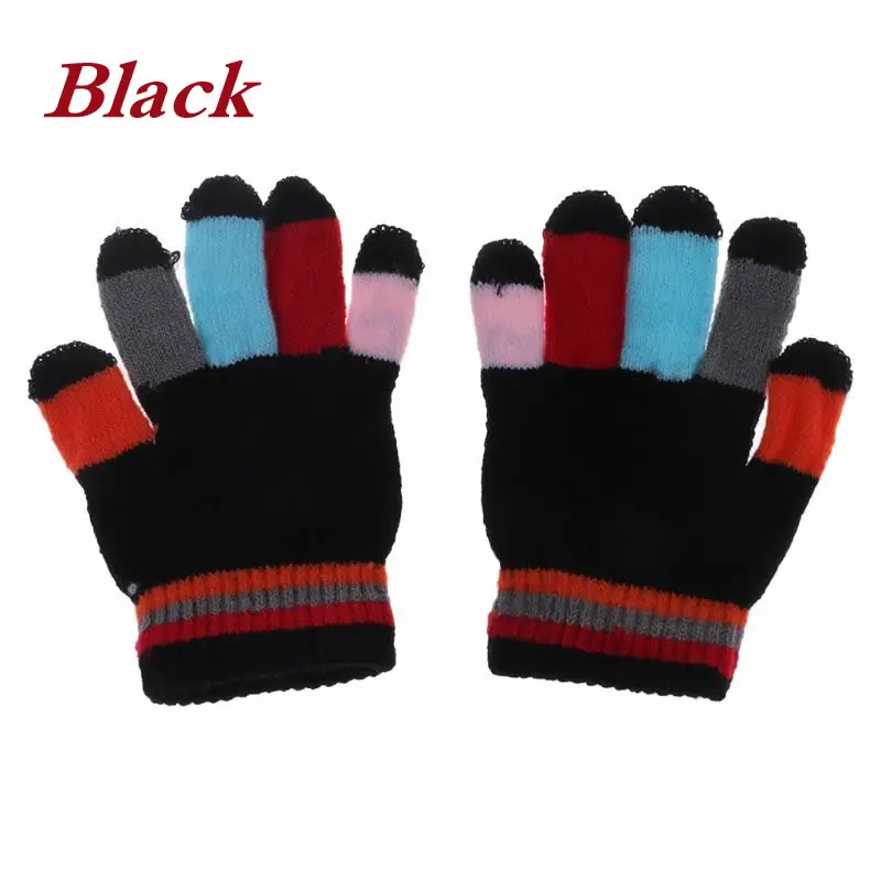 Black 1 пара, детские перчатки, полный палец, теплые зимние, цветные, в полоску, вязаные, для мальчиков и девочек, одноцветные, эластичные, 19QF - Цвет: Black