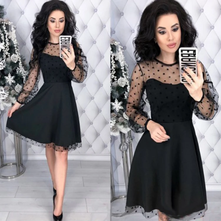 Модное лоскутное кружевное платье в горошек, женское винтажное платье с круглым вырезом размера плюс для вечеринок, женское шикарное тонкое осеннее платье трапециевидной формы с длинными рукавами - Цвет: Черный