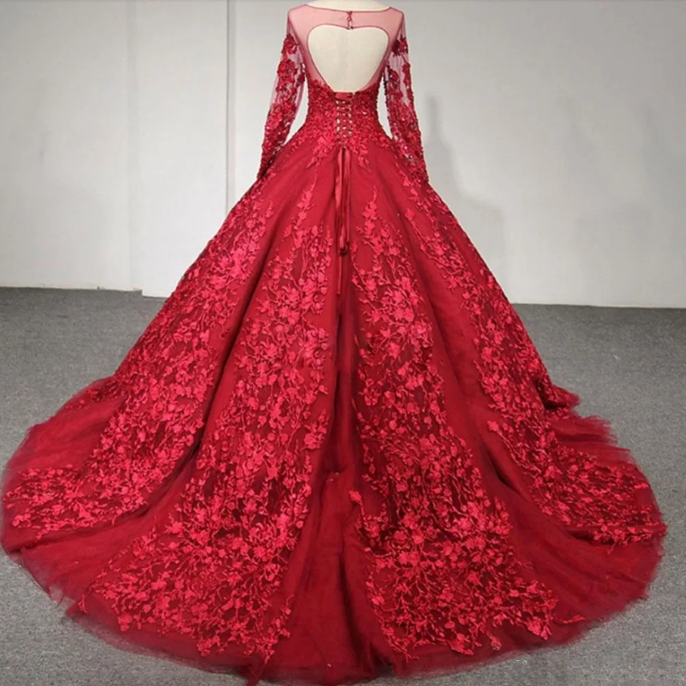 Удивительный Красный Бальные платья для выпускного вечера Воротник Sheer Jewel кружевная Апликация одежда с длинным рукавом Формальные Вечерние наряды Тюлевое вечернее платье