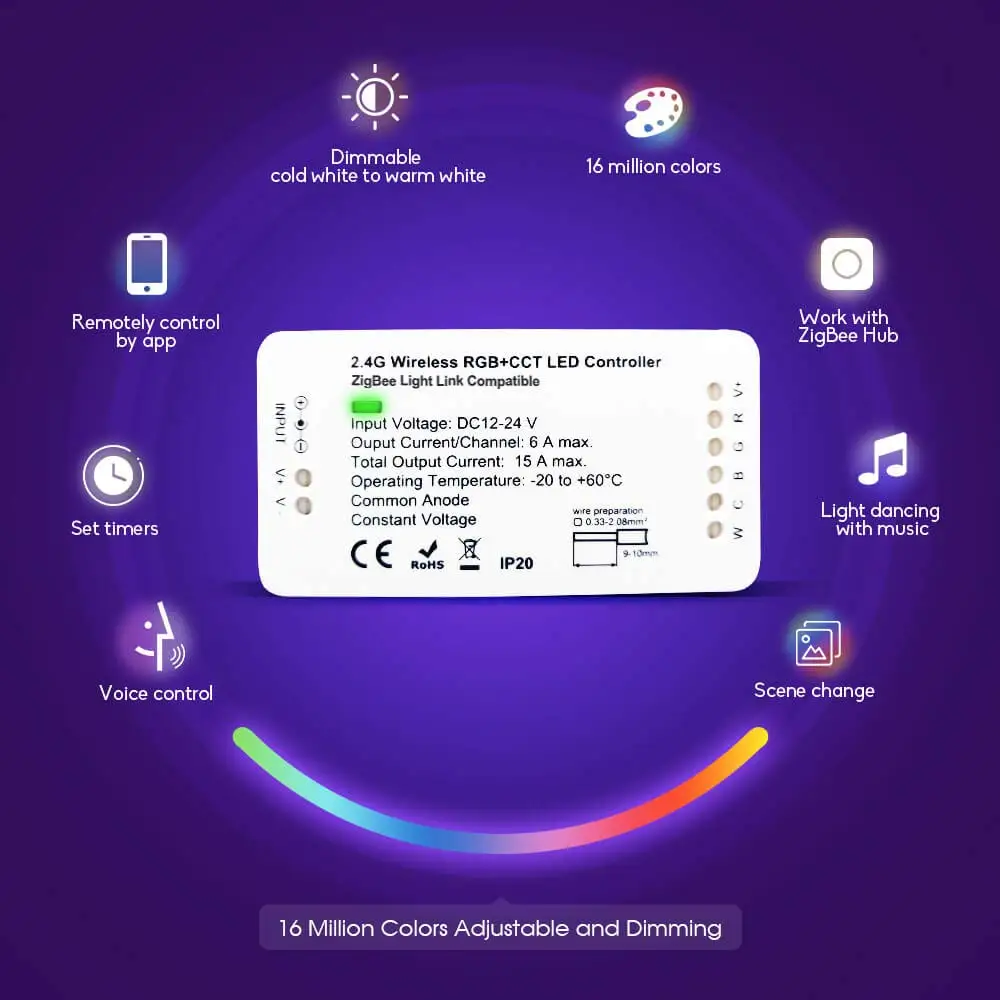 

Controller with 12V RGBCCT LED Strip Lights Works with Hue Bridge,Lightify Hub Echo Plus for APP and Voice Controller JK405