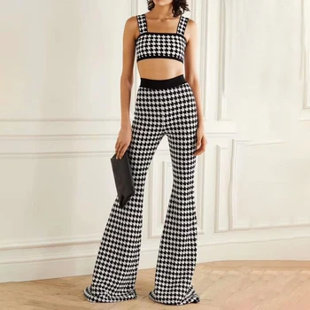 

HIGH STREET New Stylish 2020 Runway Suit Set Women's Spaghetti Strap sleeveless knitting short top Long Pants Plaid Set