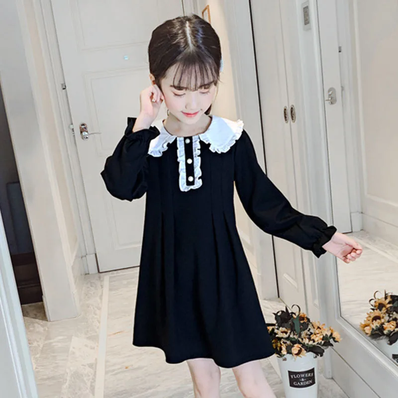 

Black Peter Pan Collar Blouse Dresses For Kids Petal Sleeve Ruffles Toddler Dress Baby Big Girls Cotton Knee Length Party Dress