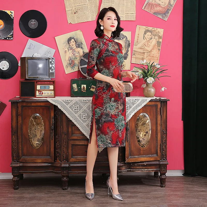 Большие размеры 5XL осенние винтажные Женские китайские традиционные тонкие Qipao классический воротник мандарина сценическое шоу
