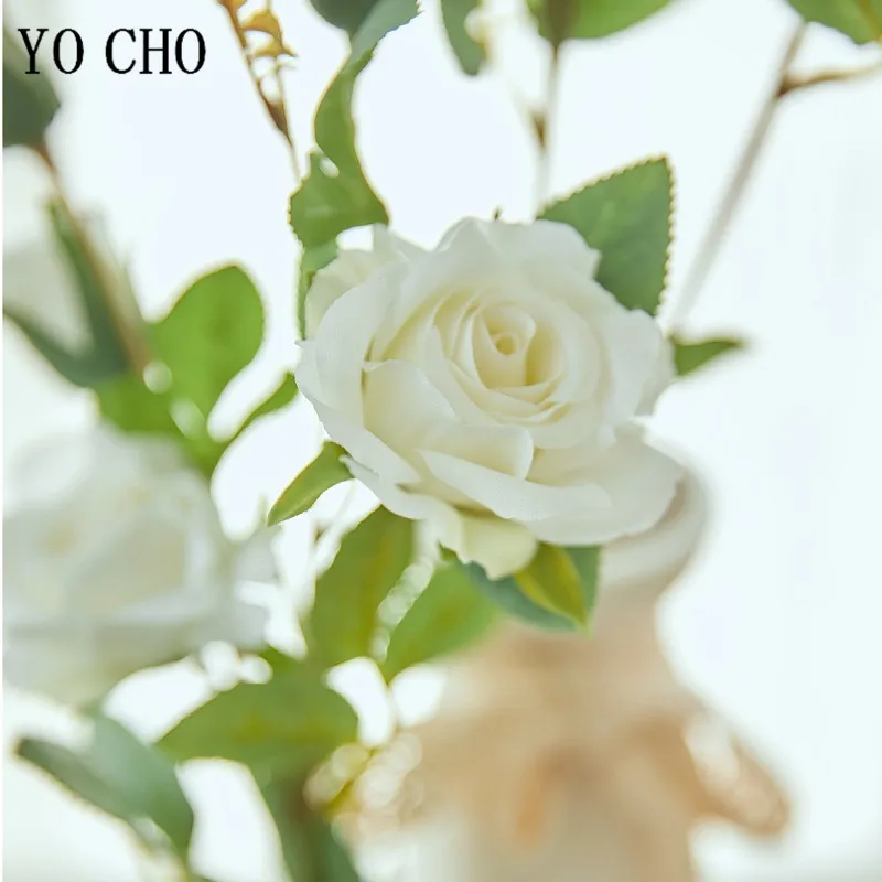YO CHO Künstliche Rosenblumen aus Seide, hochwertige Kunstblumen, langer Zweig, 5 Köpfe, Hochzeit, Flores, Valentinstag, Heimdekoration – Detail 14