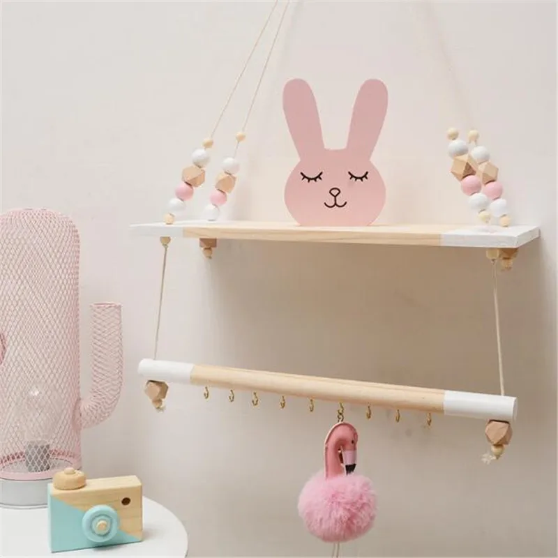 Wooden Beads String Hanging Shelf Display Pendant Rack Children's Kids Room 