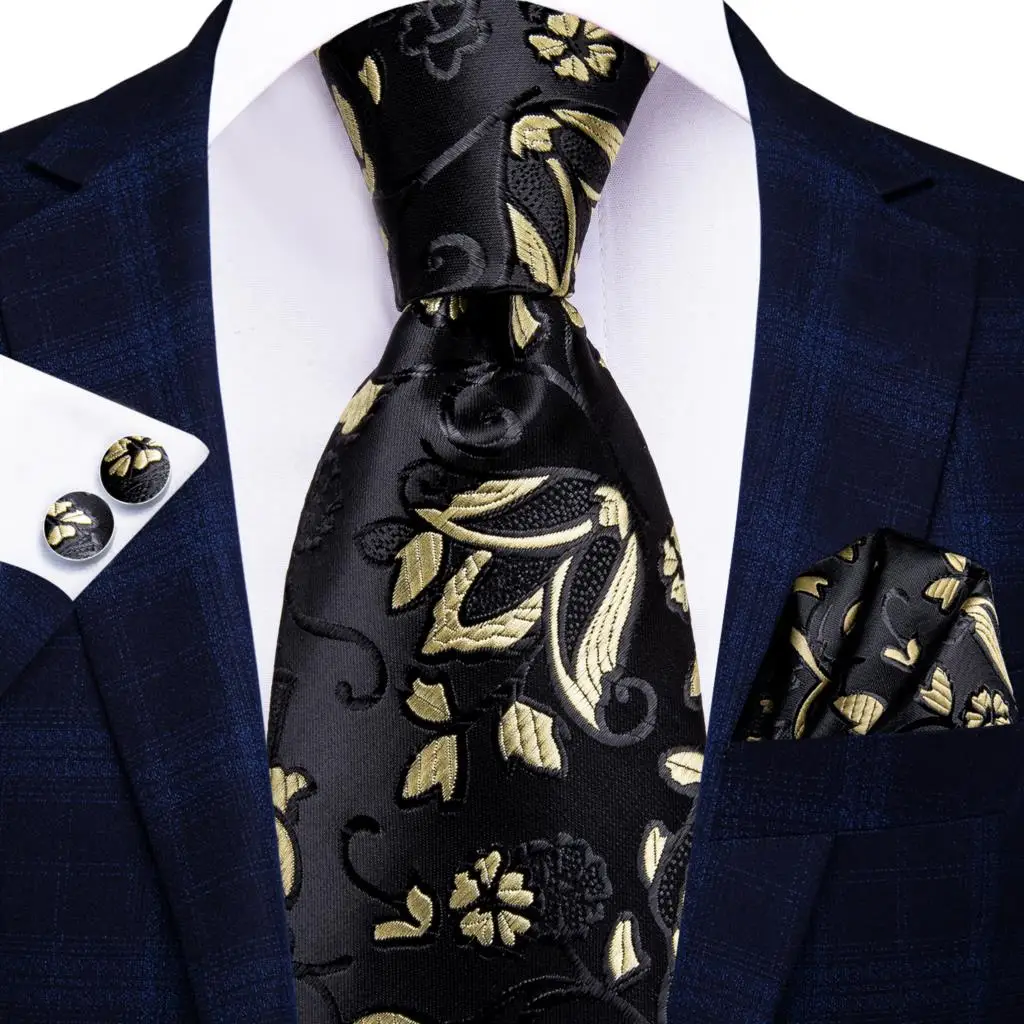 

Hi-Tie Black Yellow Floral Silk Wedding Necktie For Men Handky Cufflink Fashion Designer Tie For Men Business Party Dropshiping