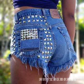 

European and American Hot Selling Women's Ripped Jeans Baggys Riveting Nail Hot Pants