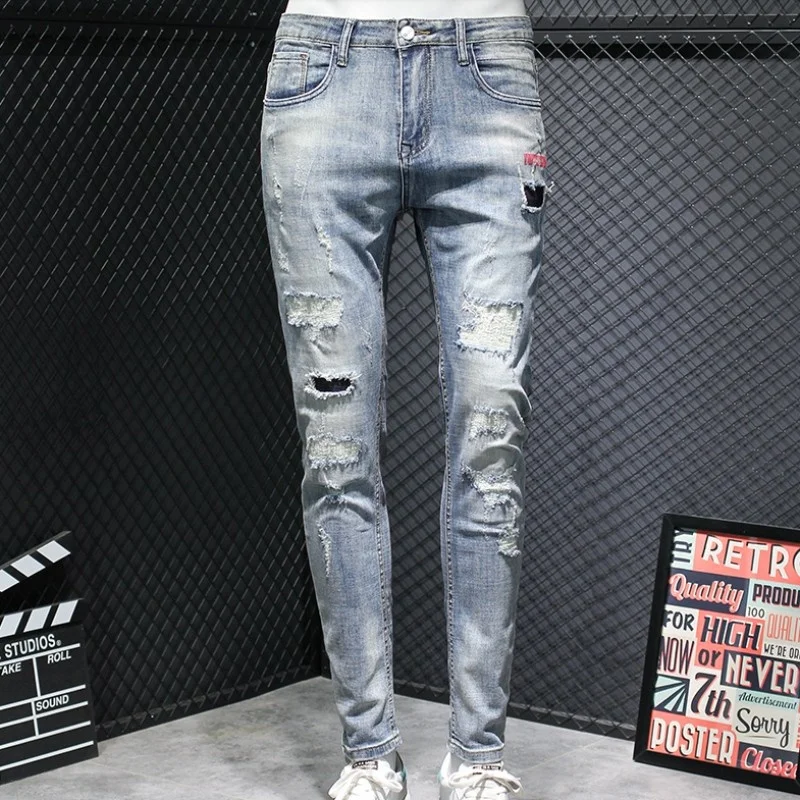 

Mens Fashion Hole Ripped Slim Fit Jeans Korean Spliced Denim Pencil Pants Long Trousers Man Casual Cowboy Pants Streetwear Jeans