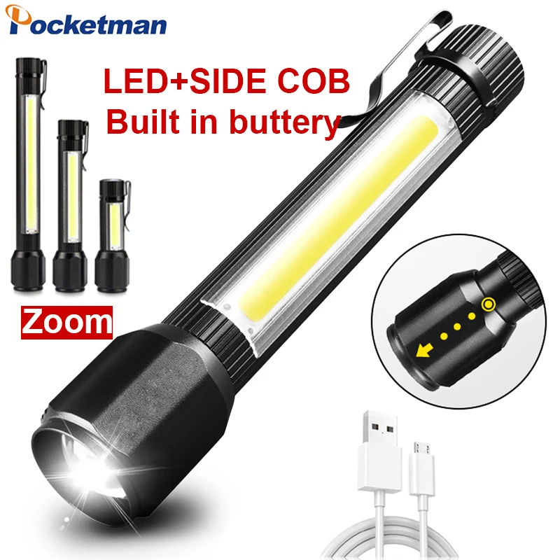 COB+LED Flashlights Waterproof Flashlights Zoomable Torch USB Rechargeable Flashlights Pocket Torch For Camping Search