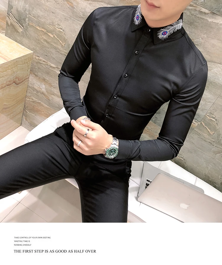 Весенняя Корейская мужская рубашка с длинными рукавами Camisa Masculina, однотонная модная мужская рубашка с вышитыми перьями, Camisa Homem, черный цвет