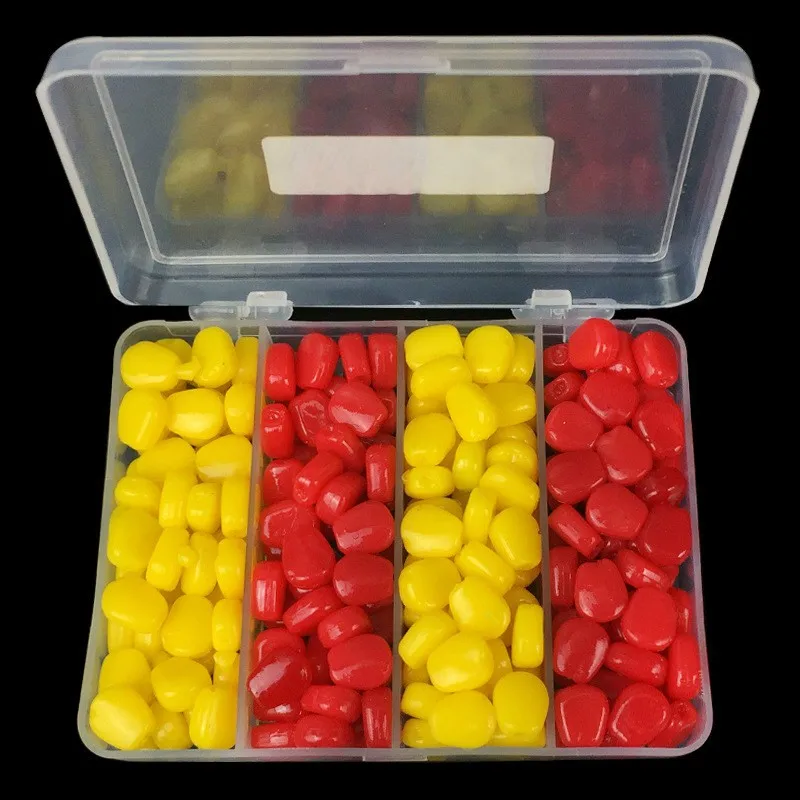 

200pcs/Lot Soft Carp Bait Fishing Lure Set Floating Corn Flavor Artificial Bait Yellow Red with Plastic Box