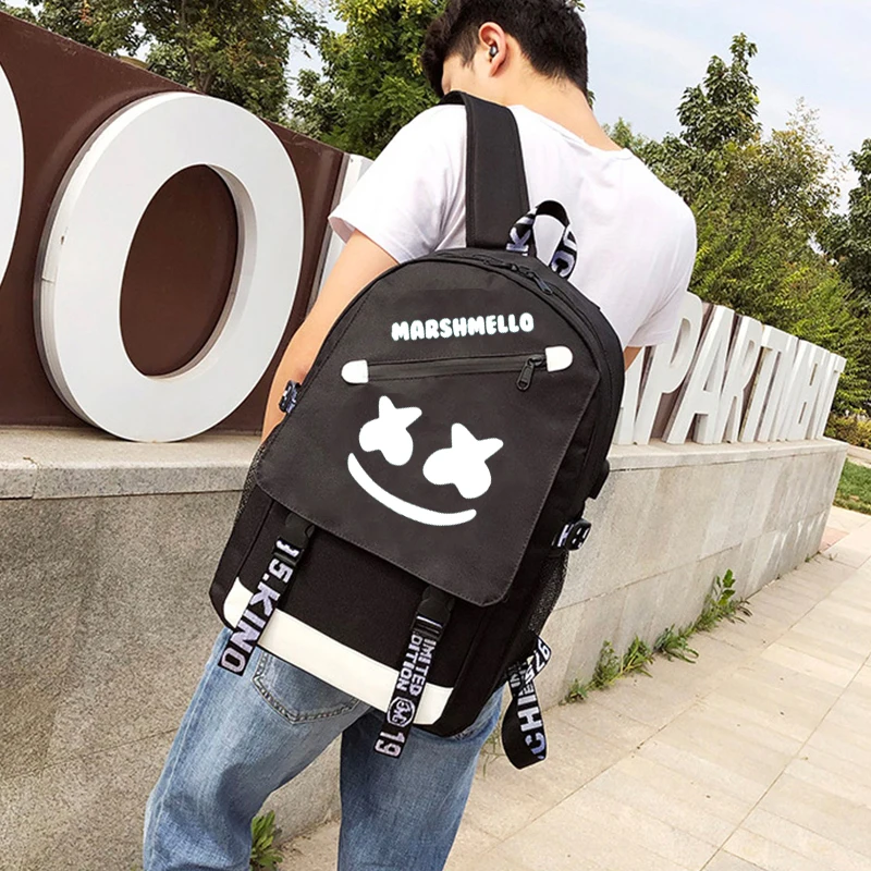 Buy DJ Marshmallow luminous backpack multifunction USB charging Anti theft for teenagers boys Girls Student School Bag Laptop bag