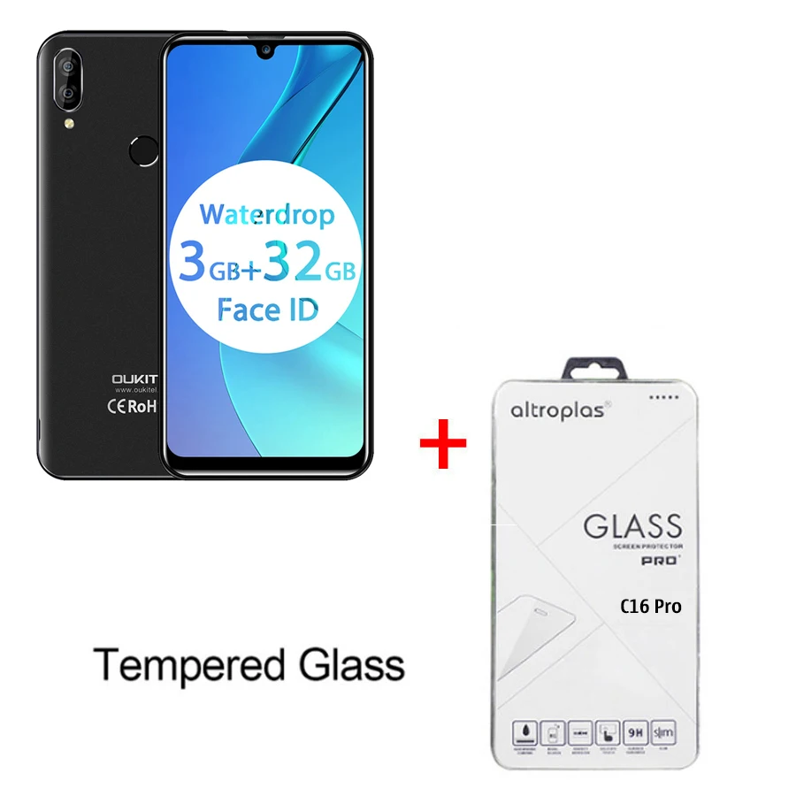 OUKITEL C16 Pro 5,71 ''Android 9,0 19:9 MT6761P 3 ГБ 32 ГБ смартфон отпечаток пальца Лицо ID капля экран 5 В/1A 4G мобильный телефон - Цвет: Black N Temper Glass