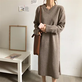 

oversize thick long sweater dress women v neck autumn straight knitted dresses female loose pullover winter dress P629