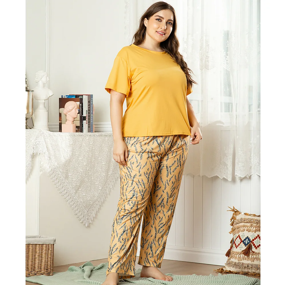 DOIB женский пижамный комплект большого размера желтая футболка + брюки с принтом