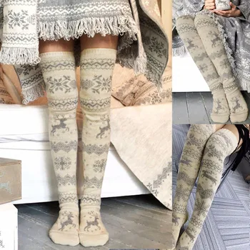 

High Quality Women Christmas Knitted Stockings Thickened Thigh High Over Knee Long Snowflakes Elk Pattern Socks