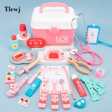Jouet de Simulation de docteur en bois pour enfants, boîte en plastique, sac en tissu, boîte à médicaments, stéthoscope, seringue, prothèse dentaire, maison de jeu