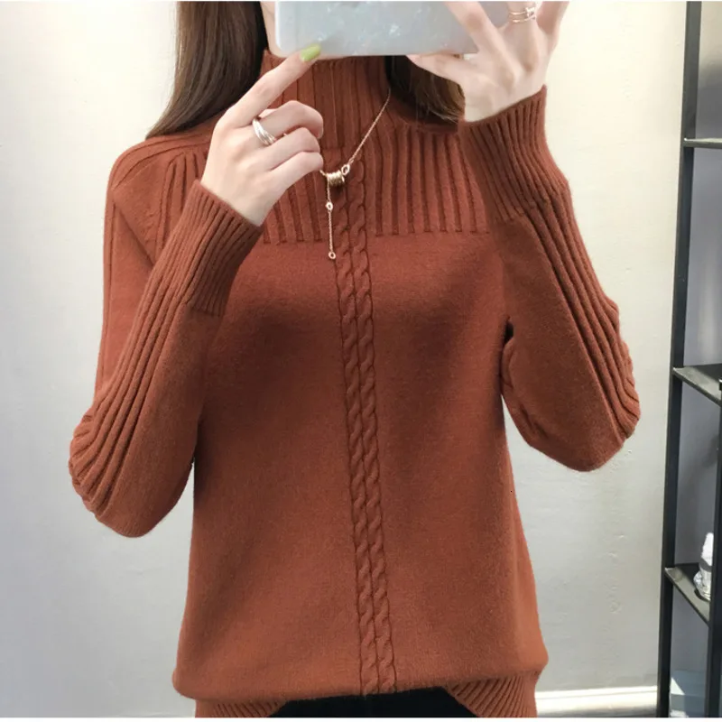 brown sweater Зимний теплый красный пуловер с высоким воротом, Женский вязаный свитер, Осенний женский элегантный тонкий корейский свитер, осенние женские вязаные топы - Цвет: brown sweater
