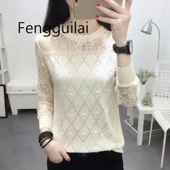 

2020 summer NEW collar lace render unlined upper garment to hollow out long sleeve short relaxed joker autumn thin sweater frock