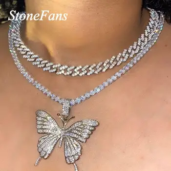 

Stonefans Rhinestone Tennis Butterfly Necklace Charm Choker for Women Iced Out Cuban Link Chain Butterfly Pendant Necklace