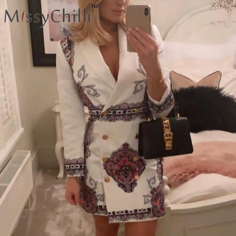 MissyChilli, ретро принт, сексуальное платье-блейзер, женское осеннее двубортное короткое платье, элегантное женское белое офисное платье, зимнее