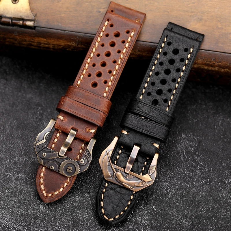 Handmade Bronze Watch Strap 20 22 24 26MM Black Brown Breathable