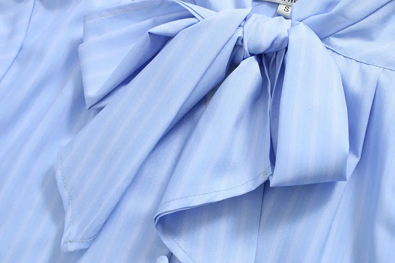 Рубашка в синюю полоску, женские топы с длинным рукавом, рубашки поло с бантом, Корейская одежда с воротником-шарфом