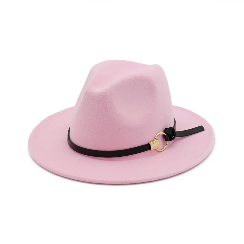 European Wide Brim Cowboy Felt Hat Panama Trilby Jazz Fedora Hats with Leather Buckle Plain Ribbon Woolen Chapeau for Women