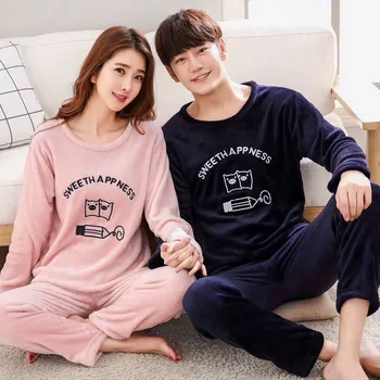 

LASPERAL Couple Pajama Thick Warm Winter Flannel Round Neck Sleepwear Pajamas Men And Women Autumn Comfort Long Sleeves Suit