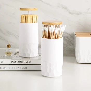 

Simple bamboo wood automatic pressing cotton swab holder toothpick box automatic toothpick holder portable cotton swab holder