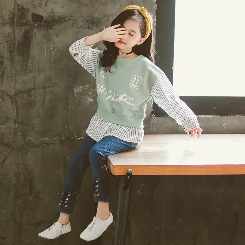 Green hoodies Свитер для маленьких девочек; Осенняя детская одежда из двух предметов; хлопковые рубашки с буквенным принтом; Детские свитшоты; модные футболки для девочек - Цвет: Green hoodies