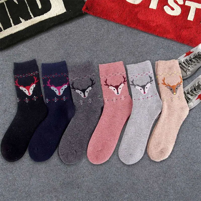 1 Pair Winter Women Socks Lovely Deer Animal Printed Wool Christmas Comfortable Gift Autumn Winter Thick Warm Breathable Sock