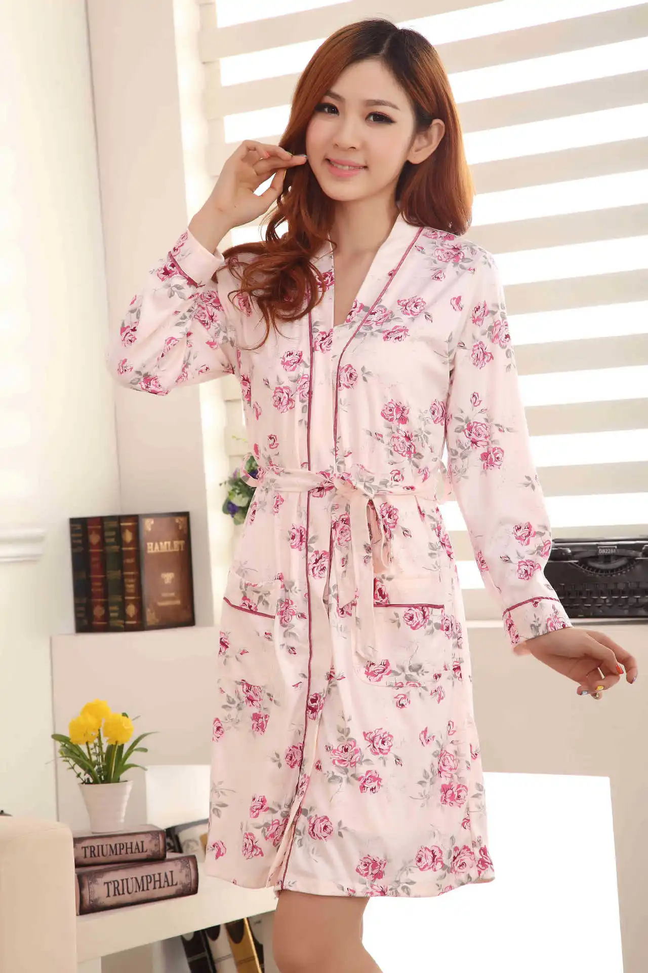 347 Shrimp Color Night Robe Sleepwear Dress Two-Piece SetAutumn And Summer Cartoon Long-Sleeve Pajamas Strap Nightdress Tracksuit Nightgown - Цвет: 347 Shrimp Color