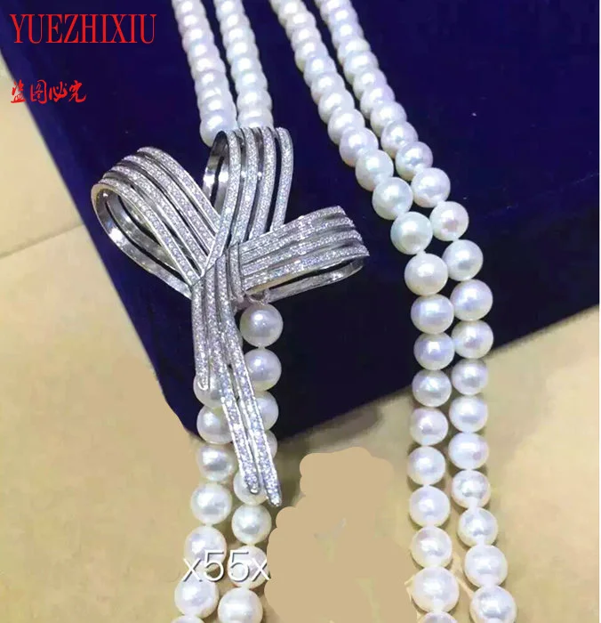 Natural 7-8mm freshwater pearl long sweater chain Necklace long Bowknot Necklace 25inch
