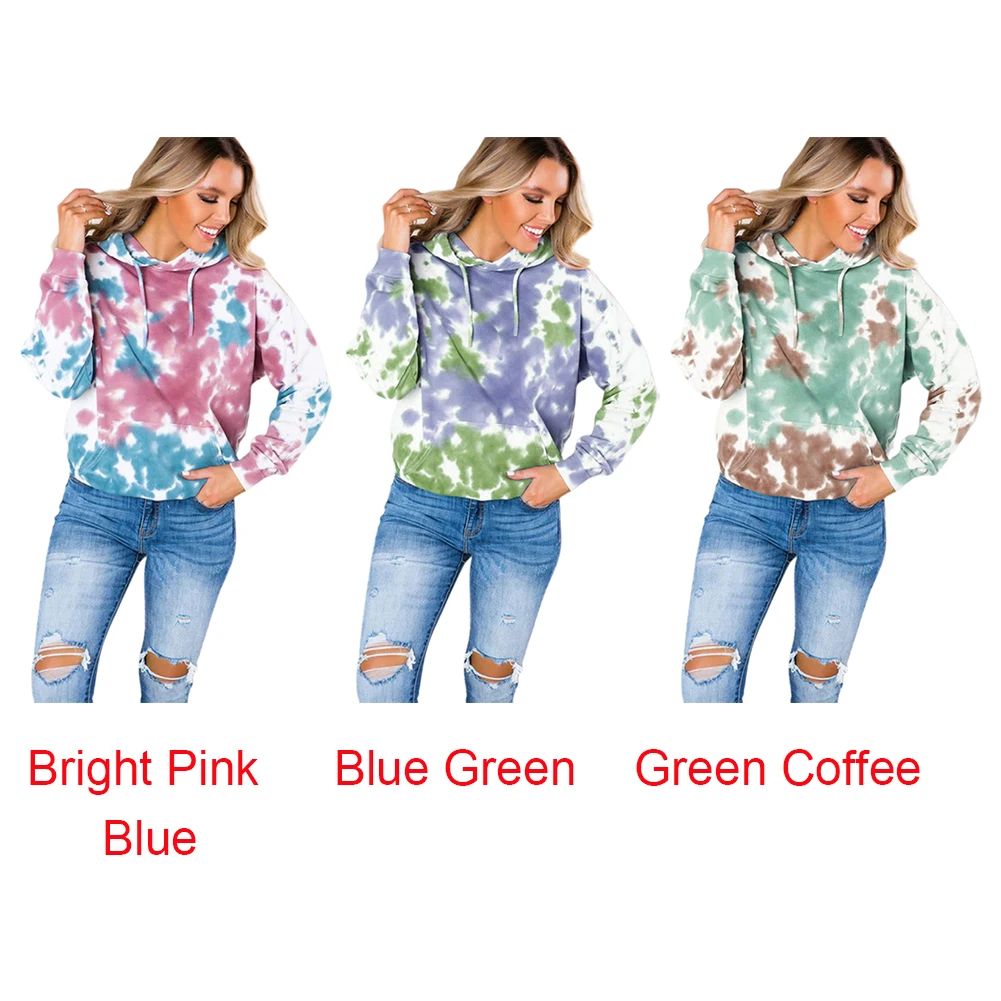 Осенние Топы с принтом «Tie-dye»; зимняя женская толстовка с капюшоном; Повседневная теплая уличная верхняя одежда для покупок; модная свободная одежда с длинными рукавами на шнурке