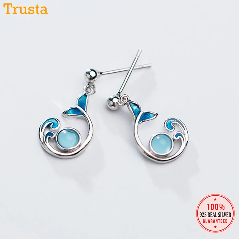 Женские сережки-гвоздики Trusta из настоящего серебра 925 пробы с синим хвостом