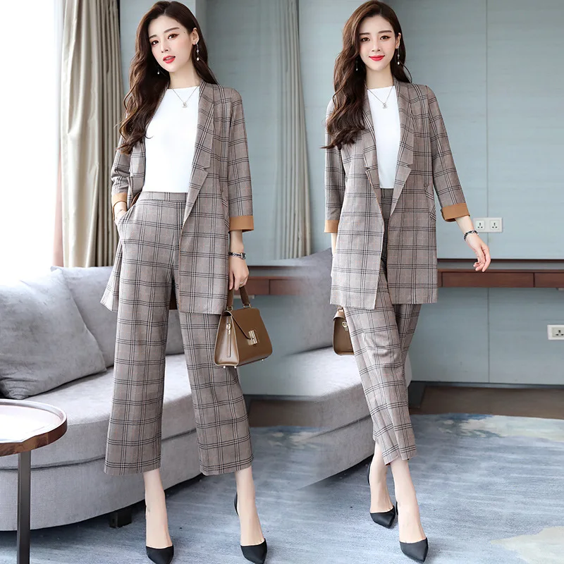 

Fashion Retro Plaid Small Suit WOMEN'S Suit 2019 Autumn New Style Korean-style Slim Fit Slimming Two-Piece Set WOMEN'S Dress Fas