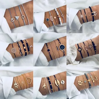 

20 Style Boho Bird Turtle Map Heart Leaf Arrow Bracelets Shell Bead Palm Gem Chain Bracelet Set Exquisite Women Jewelry