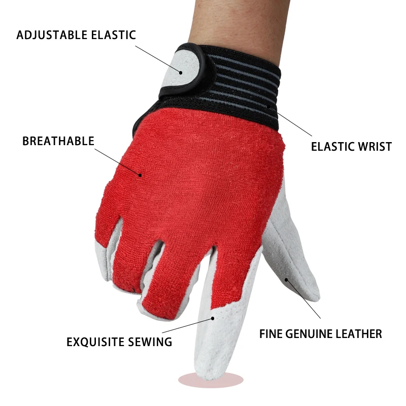 QIANGLEAF 3PCS Mens Work Gloves Safety Protective Leather Camouflage Cloth Tactics Red Safety Glove Wear Resistant Non-slip 508R